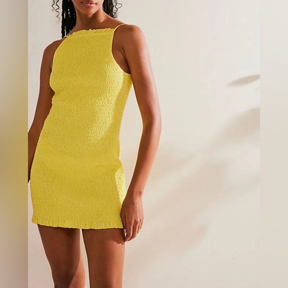 Free People | Lyla Smocked Open Back Strappy Mini Dress in Blazing Yellow | NWT - Picture 10 of 14